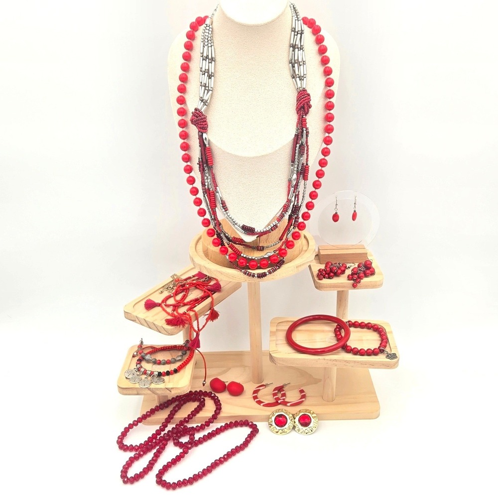 Radiant Reds Jewelry Lot 12pc Curated Necklaces Bracelets Earrings Beads Tassels